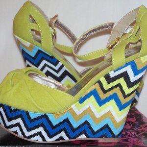 Qupid Lime Green Velvet Wedges Chevron Print Shoes 5.5
